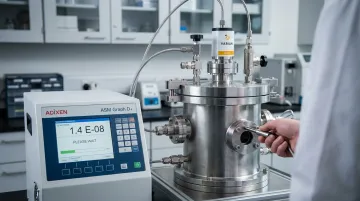 Helium leak testing mass spectrometer equipment detecting micro-leaks in sealed assembly