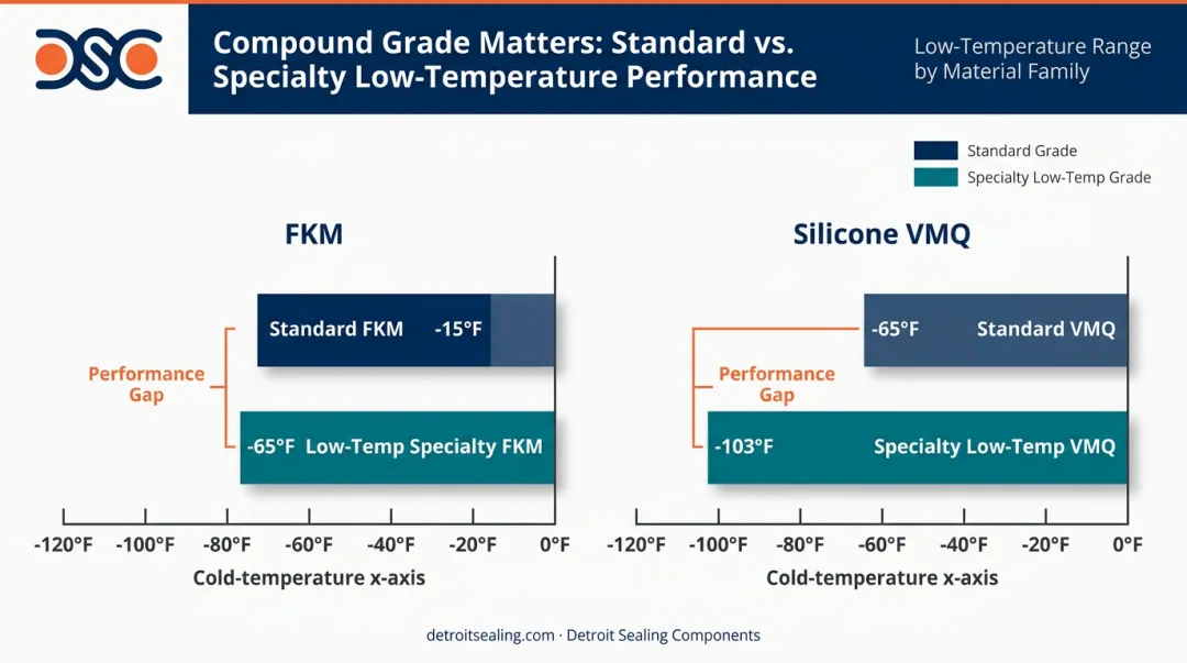 O-ring compound grade temperature range comparison FKM and silicone VMQ specialty versus standard grades