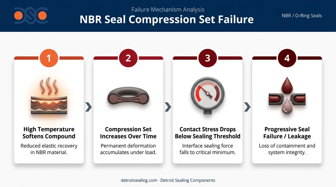 4-stage NBR compression set failure sequence leading to seal leakage