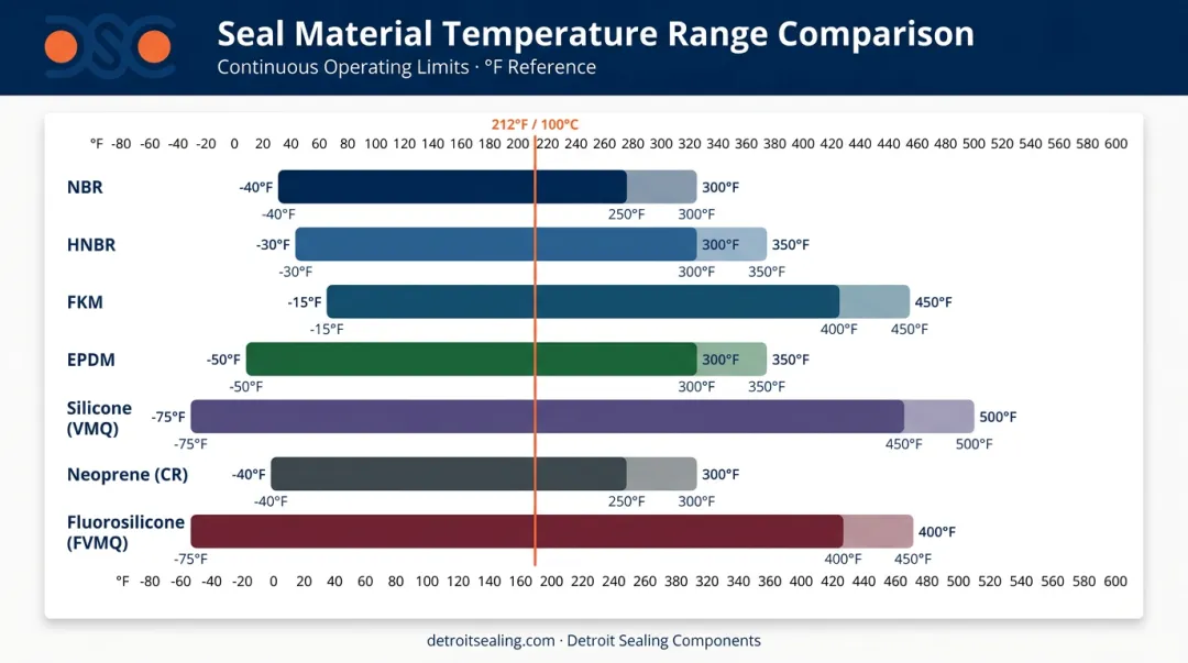 Seven elastomer seal materials temperature range comparison chart NBR HNBR FKM EPDM silicone