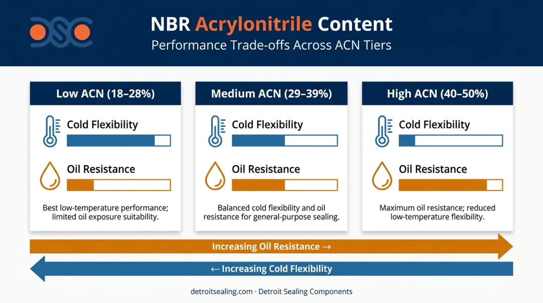 NBR acrylonitrile content trade-off comparison chart low medium high ACN grades