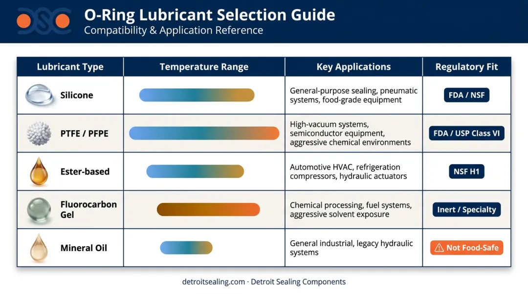 O-ring lubricant types comparison chart temperature range applications and regulatory compliance