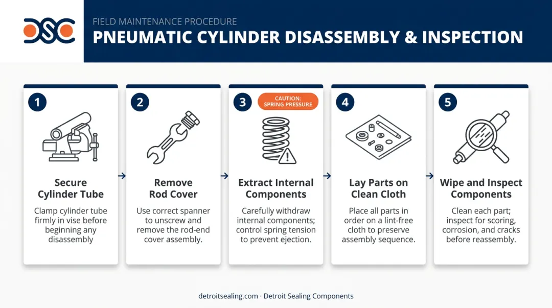 5-step pneumatic cylinder disassembly and inspection process flow diagram