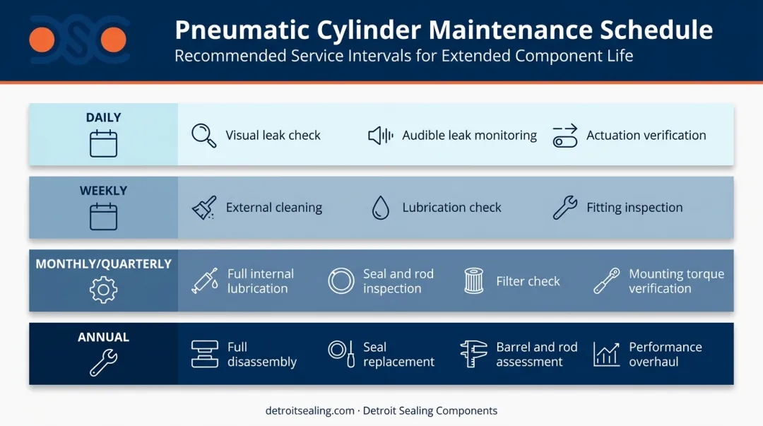 Pneumatic cylinder preventive maintenance schedule from daily to annual tasks infographic