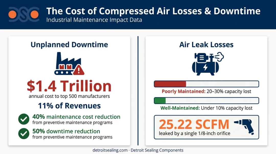 Compressed air leak losses versus downtime cost statistics infographic for manufacturers