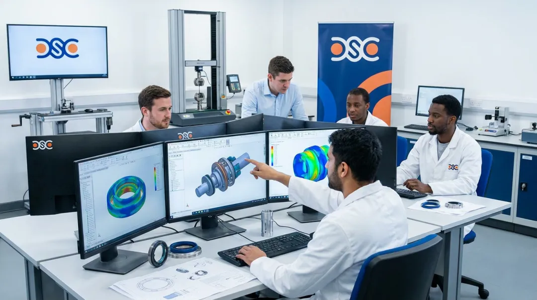 DSC engineering team performing finite element analysis on custom hydraulic seal design
