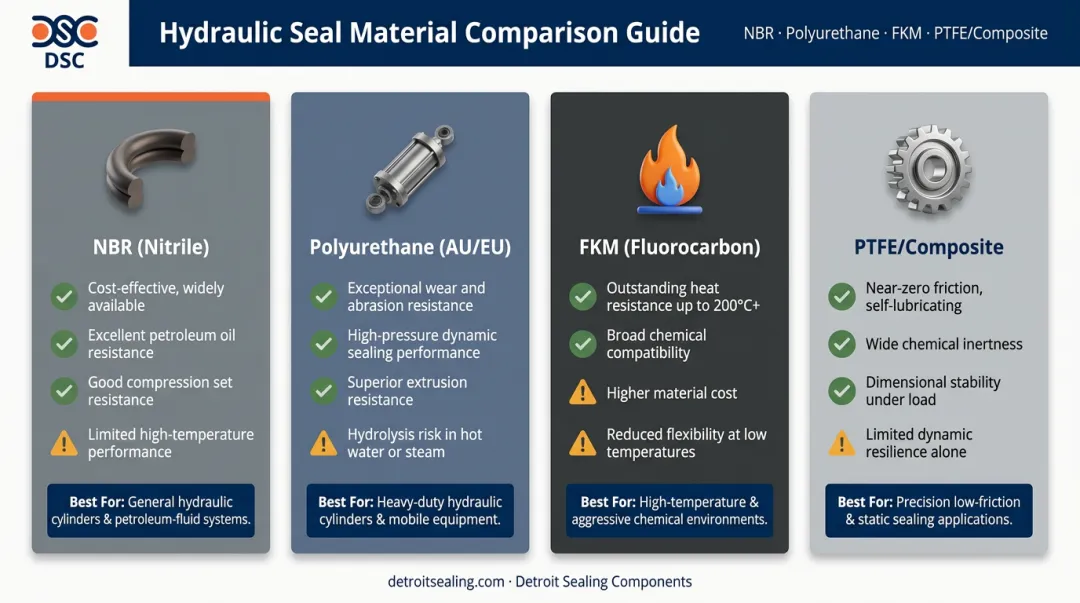 Hydraulic seal material comparison chart NBR polyurethane FKM and PTFE properties