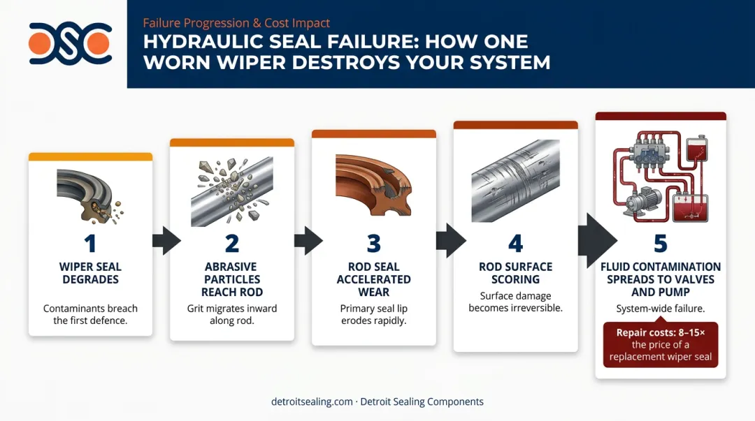 Hydraulic seal failure cascade from wiper failure to system-wide component damage