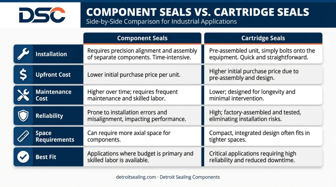 Component seal versus cartridge seal six-factor side-by-side comparison infographic