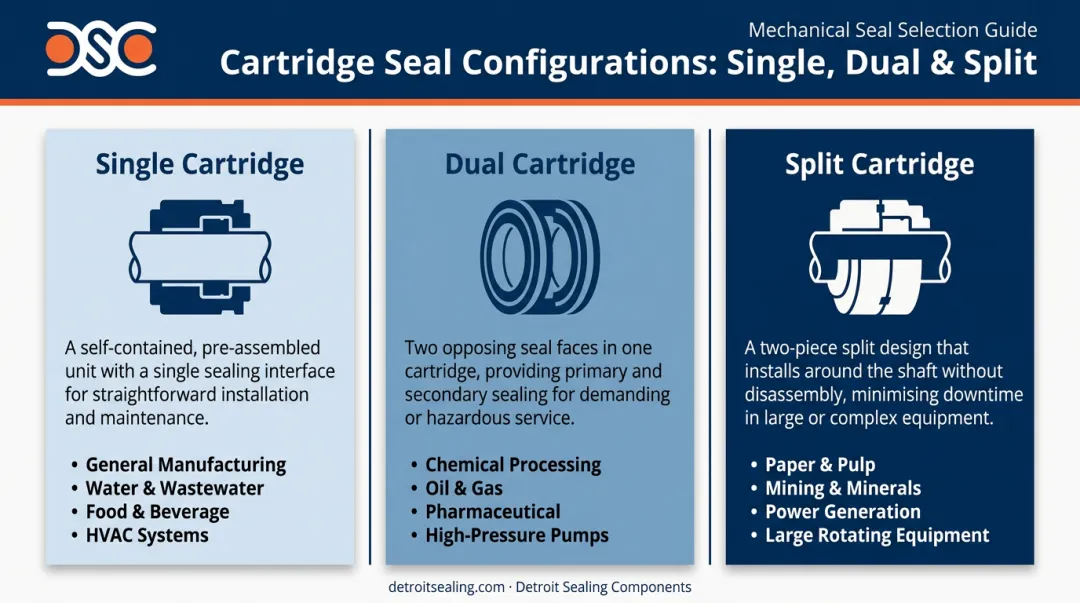 Three cartridge seal types single dual and split with applications comparison chart
