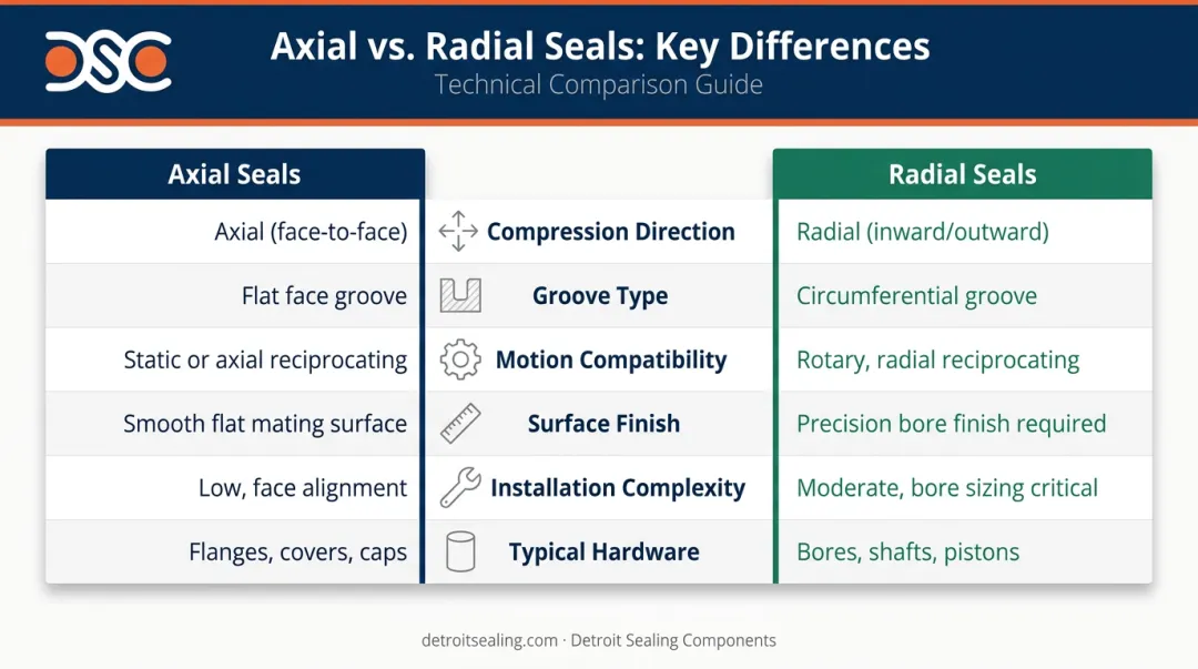 Axial versus radial seal compression direction comparison infographic