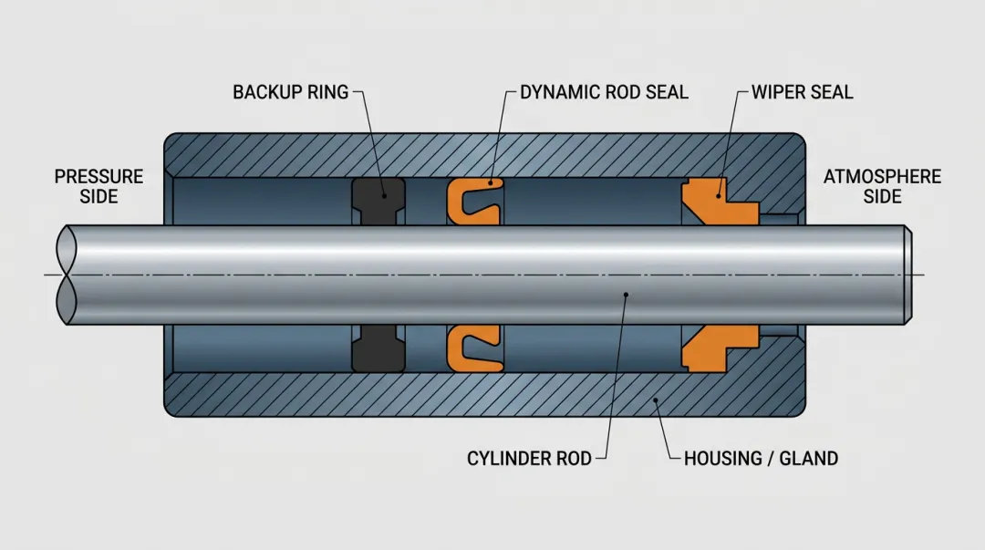 Hydraulic cylinder rod seal system showing dynamic seal wiper and backup ring components