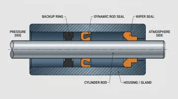 Hydraulic cylinder rod seal system showing dynamic seal wiper and backup ring components