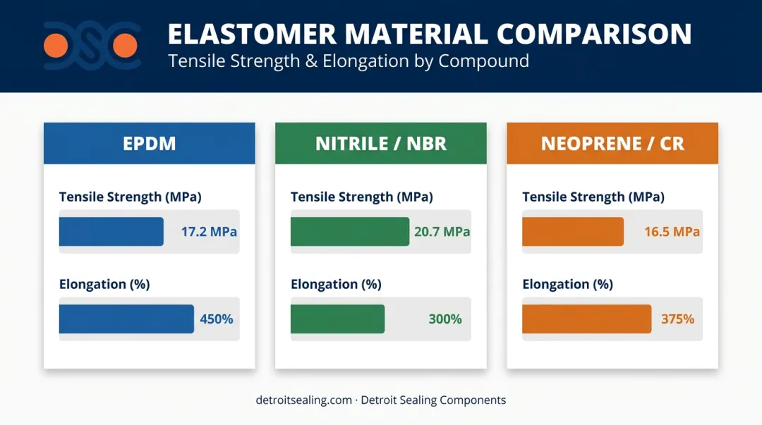 EPDM versus nitrile versus neoprene tensile strength and elongation comparison chart