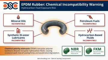 EPDM chemical incompatibility warning diagram showing hydrocarbon fluid degradation causes