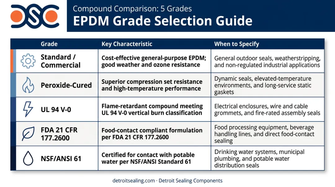 EPDM gasket grade comparison chart from standard to NSF certified compounds