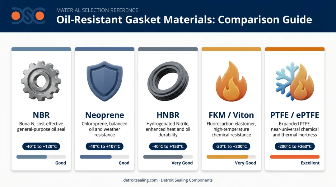 Five oil-resistant gasket materials comparison overview infographic NBR FKM PTFE HNBR Neoprene