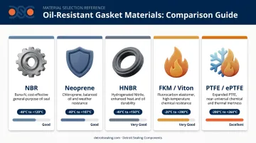 Five oil-resistant gasket materials comparison overview infographic NBR FKM PTFE HNBR Neoprene