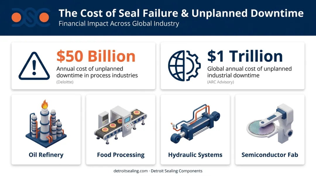 Industrial seal failure cost impact breakdown showing downtime losses by industry