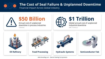Industrial seal failure cost impact breakdown showing downtime losses by industry