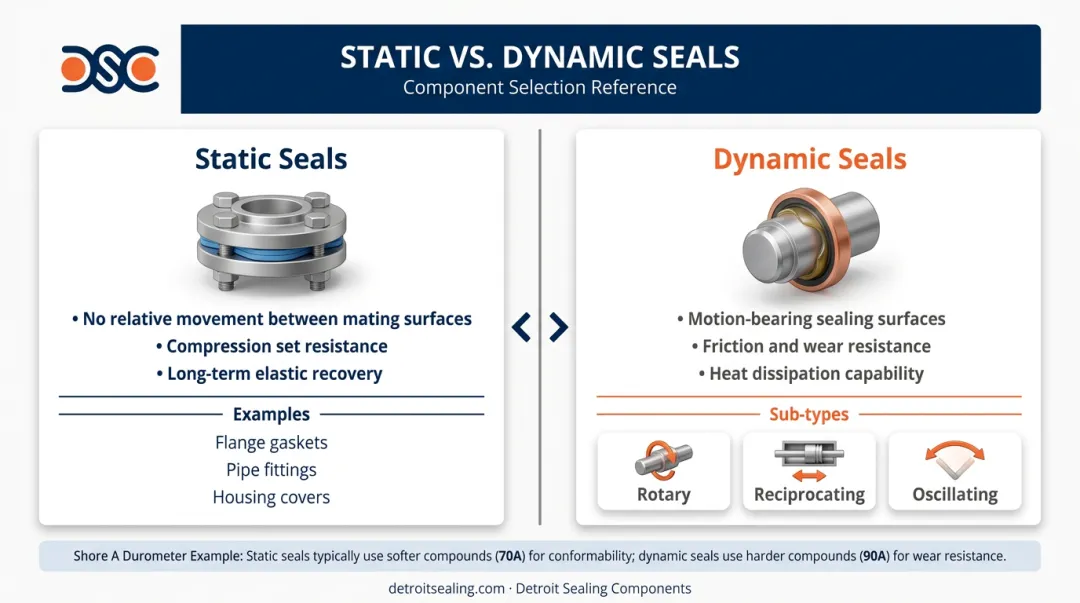 Static versus dynamic seal types side-by-side comparison infographic with application examples