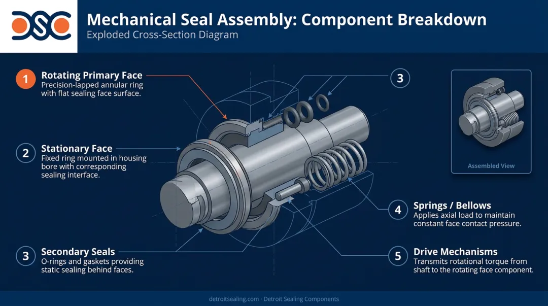 Mechanical seal five-component assembly diagram with rotating and stationary faces