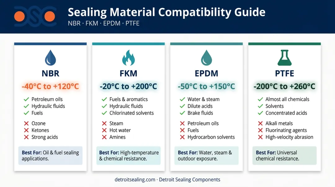 NBR FKM EPDM PTFE sealing material comparison chart with temperature ranges and compatibility