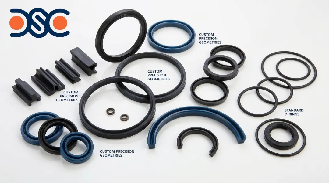 Custom molded precision seal cross-section geometries including quad rings lip seals and D-rings