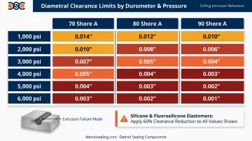 O-ring durometer versus pressure maximum diametral clearance gap limits chart