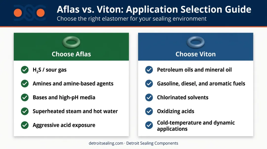 Aflas versus Viton O-ring chemical environment selection decision guide infographic