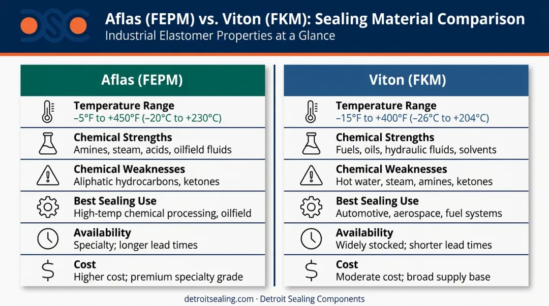 Aflas versus Viton O-ring properties side-by-side comparison infographic