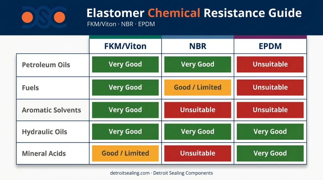 Chemical compatibility comparison of FKM Viton NBR and EPDM O-ring materials