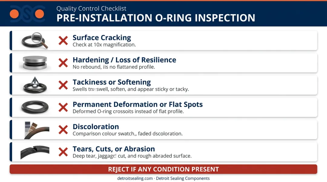 Pre-installation O-ring inspection checklist six disqualifying defect conditions
