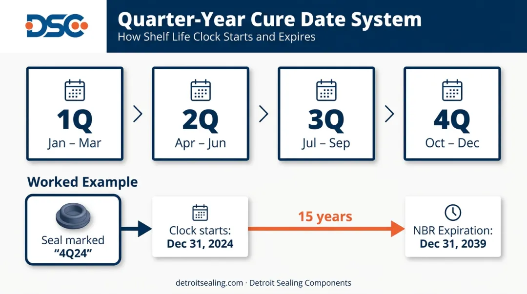 O-ring cure date quarter-year system expiration calculation worked example