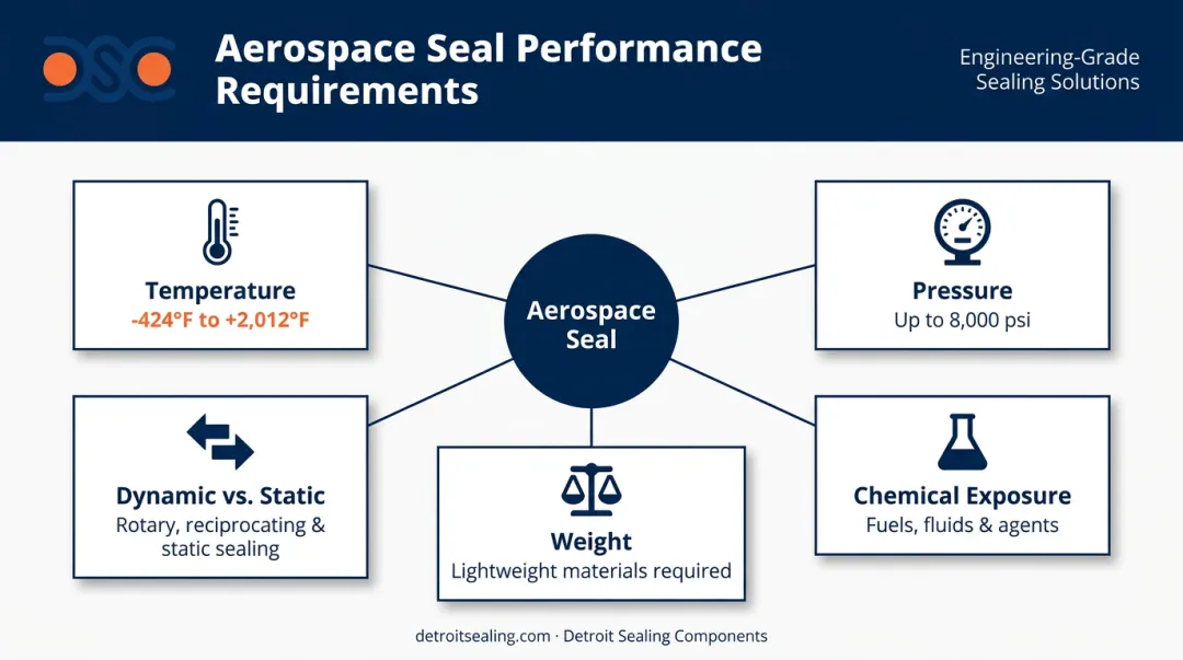 Five aerospace seal demands temperature pressure chemical weight and dynamic forces infographic