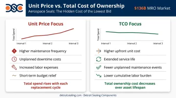 Aerospace seal total cost of ownership versus unit price comparison showing MRO cost impact