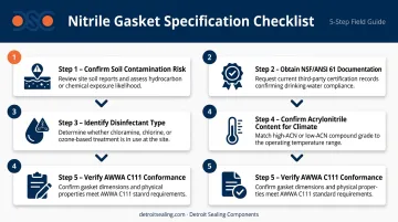 Five-step nitrile gasket specification checklist process flow for water main projects
