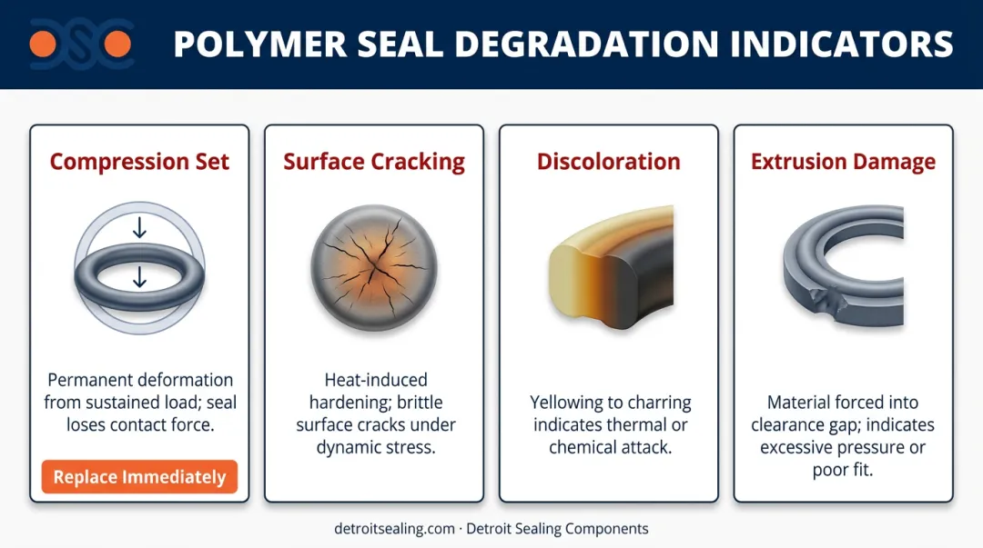 Polymer seal thermal degradation warning signs visual identification guide infographic