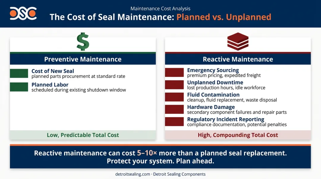 Preventive versus reactive polymer seal maintenance cost comparison infographic