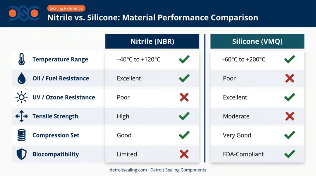 Nitrile versus silicone O-ring properties side-by-side comparison infographic