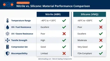Nitrile versus silicone O-ring properties side-by-side comparison infographic