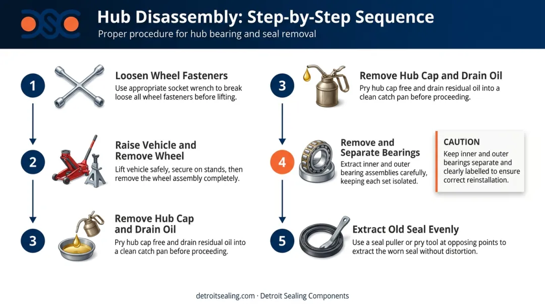 5-step oil bath hub disassembly and old seal extraction procedure flow
