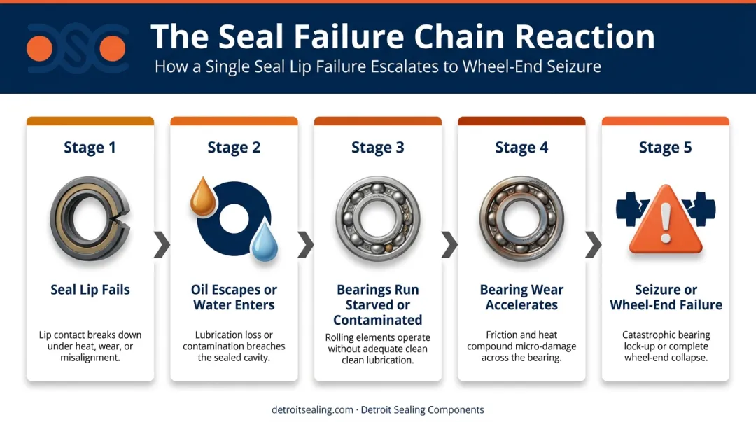 5-stage oil bath hub seal failure chain reaction sequence infographic