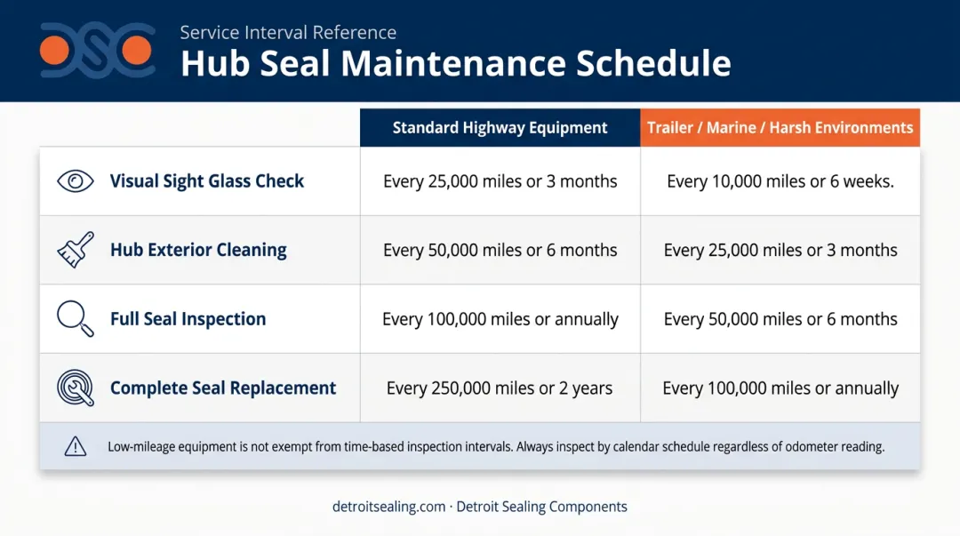 Oil bath hub seal maintenance schedule comparing standard highway versus harsh environment intervals