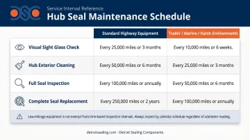 Oil bath hub seal maintenance schedule comparing standard highway versus harsh environment intervals