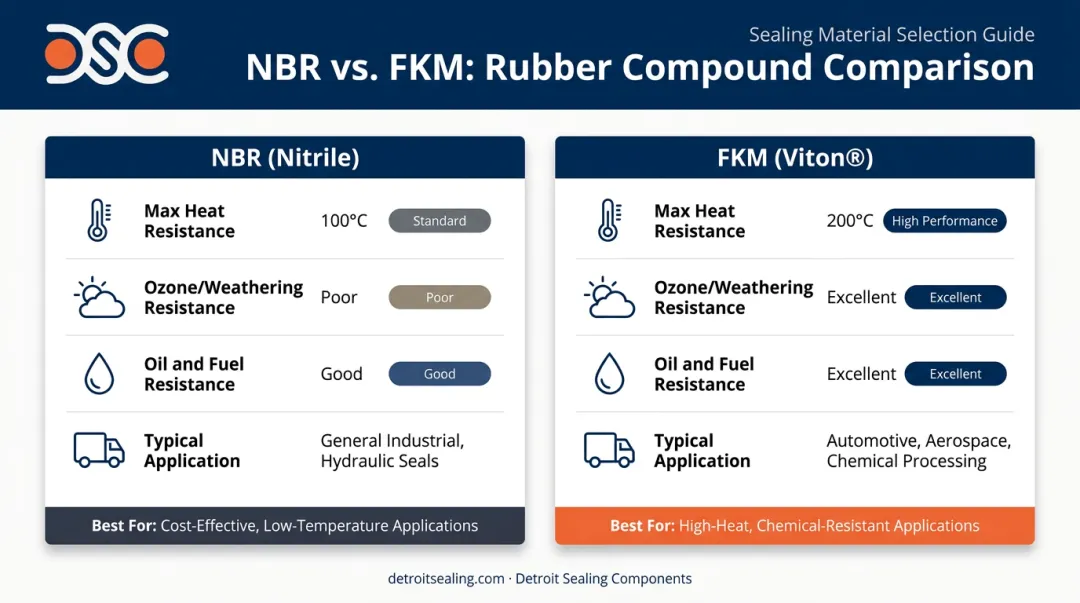 NBR nitrile versus FKM Viton hub seal compound properties comparison chart