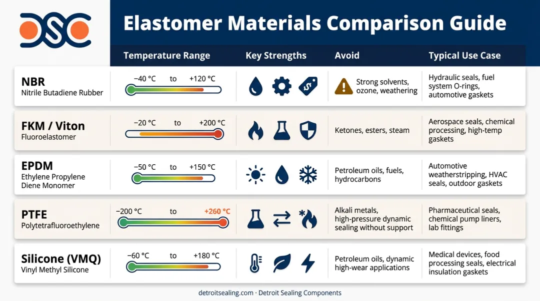 Static seal elastomer material selection guide comparing NBR FKM EPDM PTFE silicone properties
