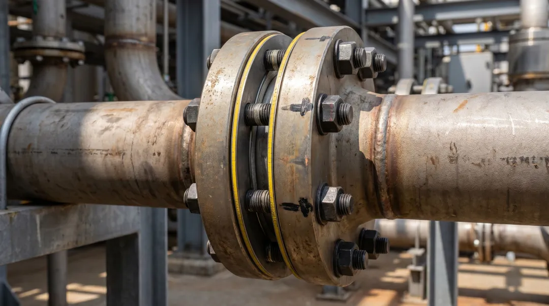 Industrial pipe flange bolted assembly with spiral wound gasket sealing connection