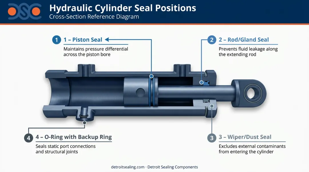 Four forklift hydraulic cylinder seal types positions and functions diagram