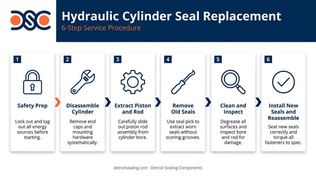 Six-step forklift hydraulic cylinder seal replacement process flow infographic